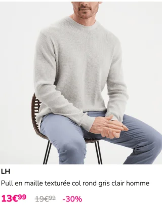 LH Pull en maille texturée col rond gris clair homme