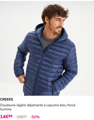 CREEKS Doudoune légère déperlante à capuche bleu foncé homme