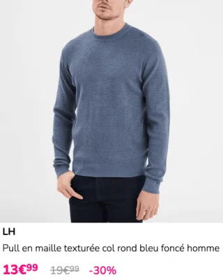 LH Pull en maille texturée col rond bleu foncé homme