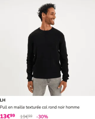 LH Pull en maille texturée col rond noir homme