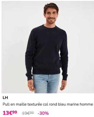 Pull en maille texturée col rond bleu marine homme LH