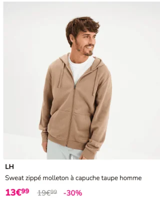 Sweat zippé molleton à capuche taupe homme LH