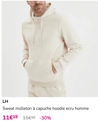 Sweat molleton à capuche hoodie ecru homme LH