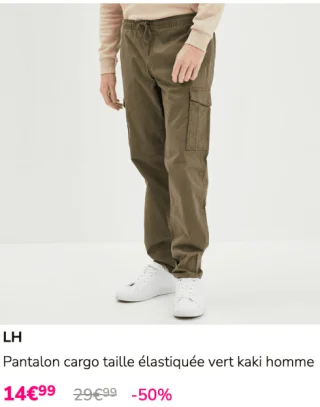 Pantalon cargo taille élastiquée vert kaki homme LH