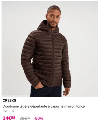 Doudoune légère déperlante à capuche marron foncé homme Creeks