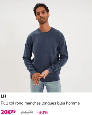 Pull col rond manches longues bleu homme LH