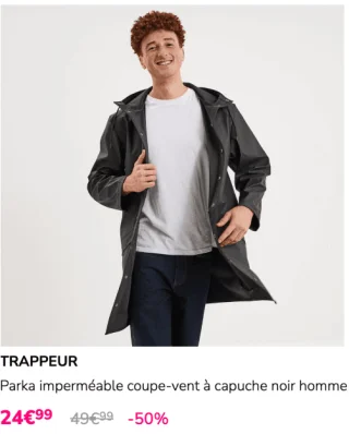 Parka imperméable coupe-vent à capuche noir homme