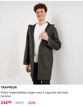 Parka imperméable coupe-vent à capuche vert kaki homme