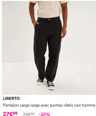 Pantalon cargo large avec poches côtés noir homme Liberto