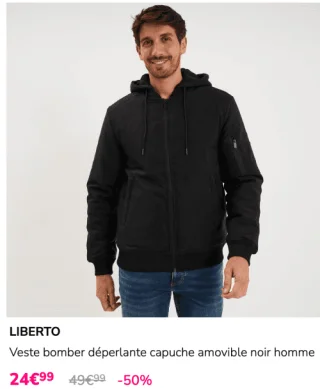 Veste bomber déperlante capuche amovible noir homme Liberto