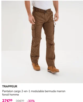 Pantalon cargo 2-en-1 modulable bermuda marron foncé homme Trappeur