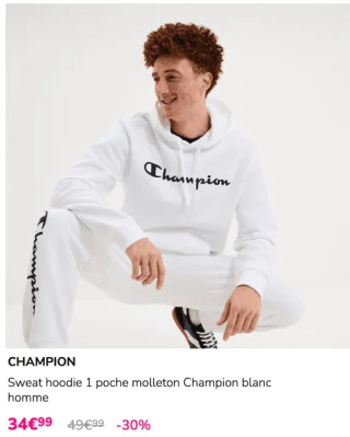 Sweat hoodie 1 poche molleton Champion blanc homme