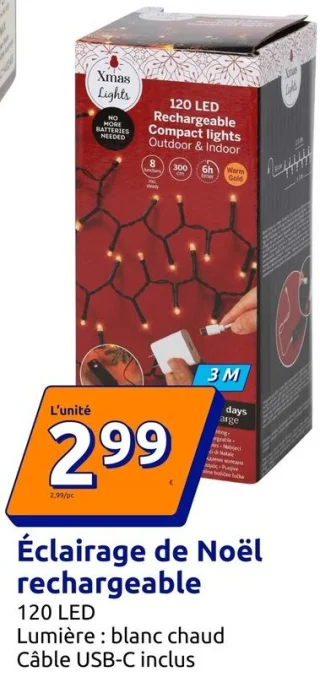 Éclairage de Noël rechargeable Xmas Lights 120 LED 3 m
