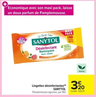 Lingettes désinfectantes Pamplemousse agrumes Sanytol