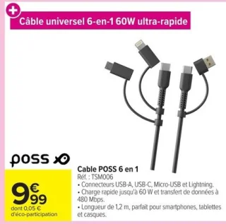 Câble universel 6-en-1 60W ultra-rapide POSS