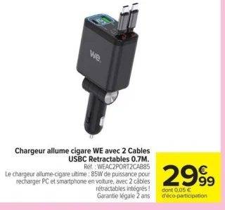 Chargeur allume cigare avec 2 Cables USBC Rétractables 0.7M WE