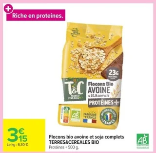 Flocons bio avoine et soja complets Protéines + TERRES&CEREALES BIO