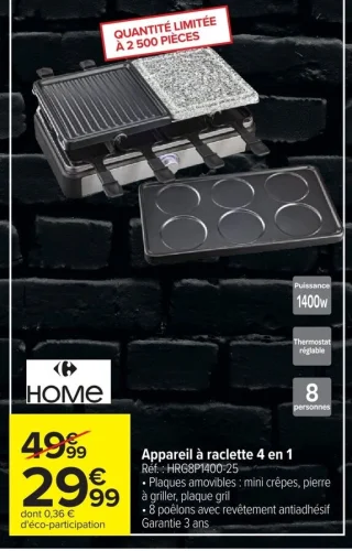 Appareil à raclette 4 en 1 HOME HRG8P1400-25