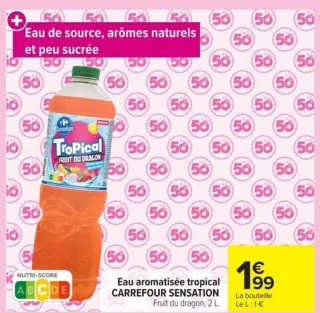 Eau aromatisée tropical CARREFOUR SENSATION Fruit du dragon, 2 L.