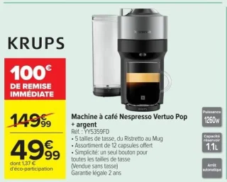 Krups Machine à café Nespresso Vertuo Pop + argent YY5359FD
