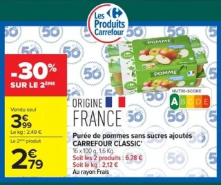Purée de pommes sans sucres ajoutés Carrefour Classic'