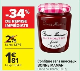 Confiture sans morceaux BONNE MAMAN Fraise ou Abricot, 310 g