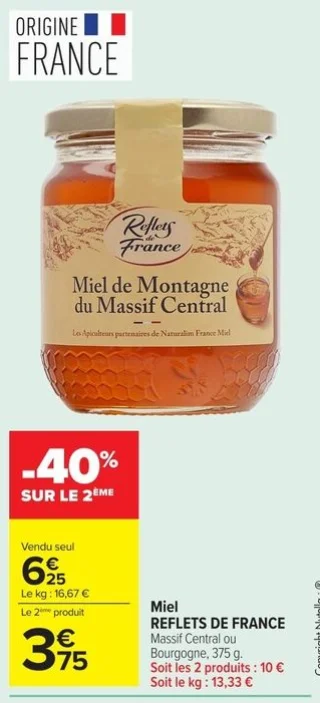 Miel REFLETS DE FRANCE Massif Central ou Bourgogne, 375 g