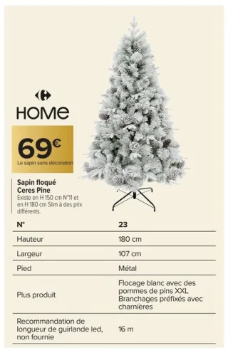 Sapin floqué Ceres Pine Carrefour HOME 180 cm