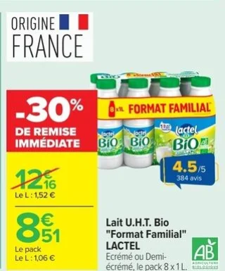 Lait U.H.T. Bio "Format Familial" Lactel