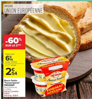 Beurre Tendre "Format Spécial" PRÉSIDENT Doux ou Demi-sel