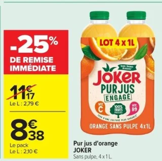 Pur jus d'orange JOKER Sans pulpe