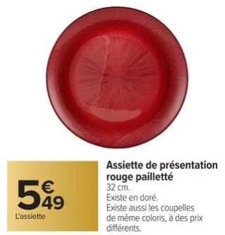 Assiette de présentation rouge pailletté Carrefour Home