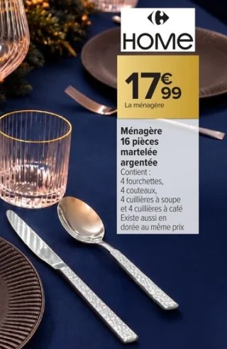 Ménagère 16 pièces martelée argentée HOME