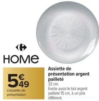 Assiette de présentation argent pailleté Carrefour HOME