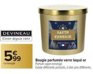 Bougie parfumée verre laqué or Parfum sapin enneigé DEVINEAU