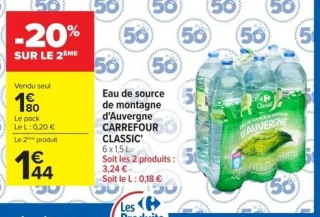 Eau de source de montagne d'Auvergne CARREFOUR CLASSIC'