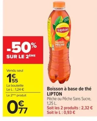 Boisson à base de thé Pêche ou Pêche Sans Sucre Lipton