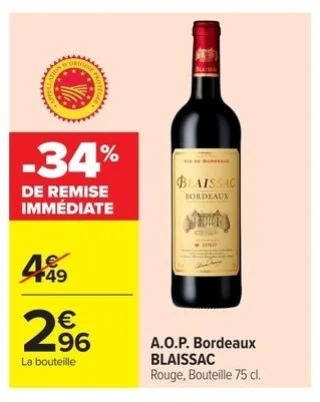 Vin rouge A.O.P. Bordeaux Blaissac 75 cl