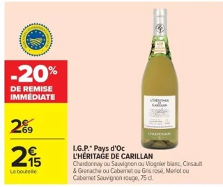 Vin blanc, rosé ou rouge I.G.P. Pays d'Oc L'Héritage de Carillan 75 cl