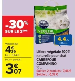 Litière végétale 100% naturelle pour chat CARREFOUR COMPANINO