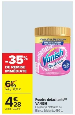 Poudre détachante VANISH Oxi Action Couleurs Eclatantes ou Blancs Eclatants