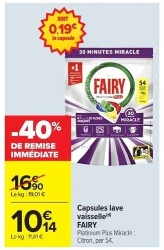 Capsules lave vaisselle FAIRY Platinium Plus Miracle : Citron