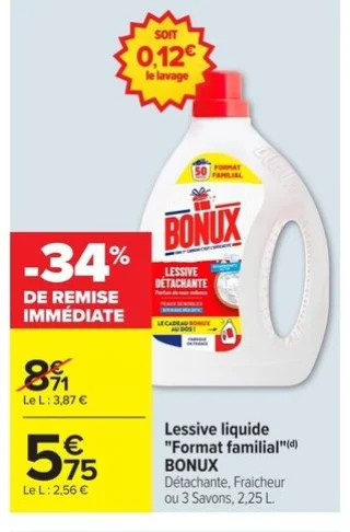 Lessive liquide "Format familial" BONUX Détachante, Fraîcheur ou 3 Savons