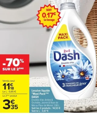 Lessive liquide "Maxi Pack" DASH Envolée d'air, Ambre & Orchidée, Jasmin & Rose de Mai ou Fleur de Monoï