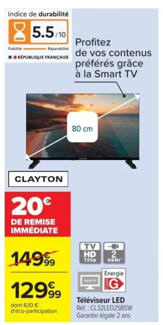 Téléviseur LED 80 cm Clayton CL32LED25BSW