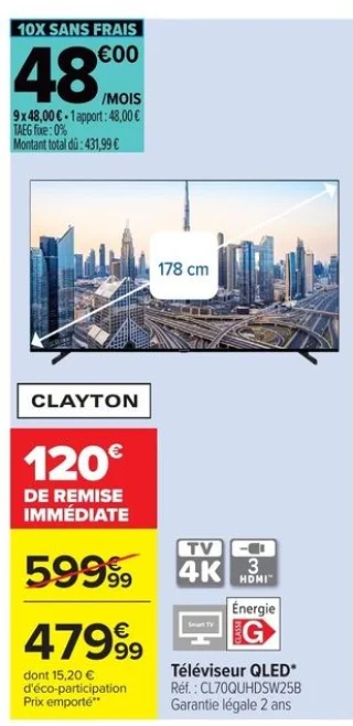 Téléviseur QLED 178 cm Clayton CL70QUHDSW25B