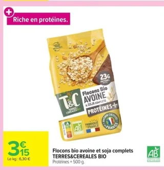 Flocons bio avoine et soja complets TERRES&CEREALES BIO Protéines +