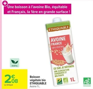 Boisson végétale bio Avoine ETHIQUABLE