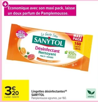 Lingettes désinfectantes nettoyant Sanytol Pamplemousse agrumes
