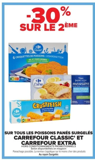 Poissons panés surgelés Carrefour Classic' et Carrefour Extra